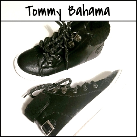 NEW! TOMMY BAHAMA Kids Mettalic Black Vegan Leather Faux Fur Sneaker Boot 6. - Picture 1 of 7
